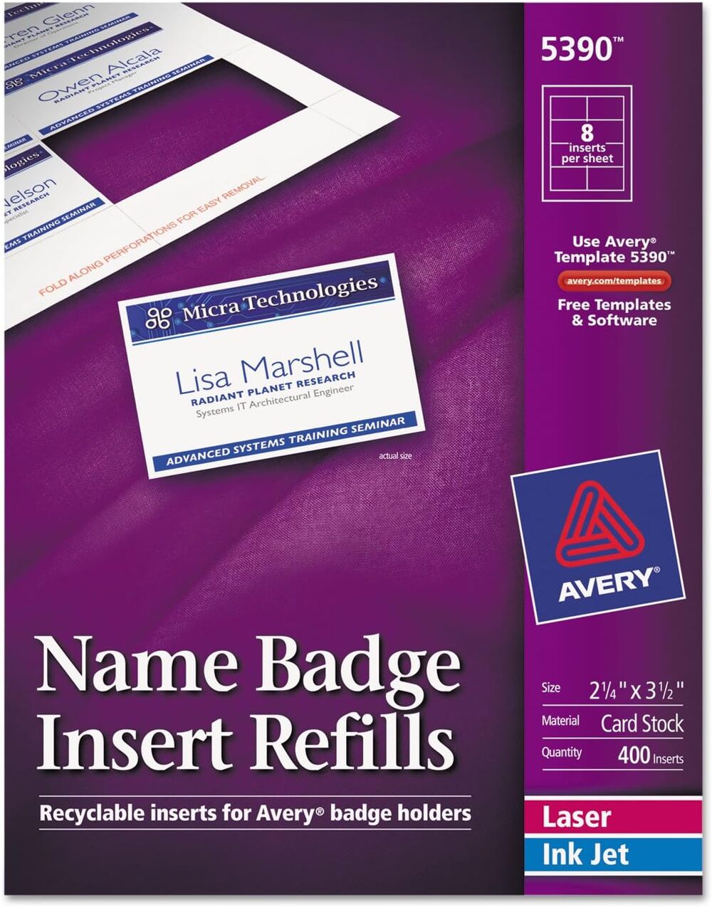 Avery 5390 Insert Badge Refill, Fits 2-1/4-Inch x3-1/2-Inch, 8/Sht, 400 per box